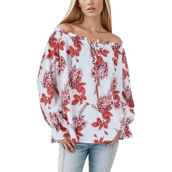 Chic Me Tops - ChicMe Bloody Red floral Off-Shoulder Puff Sleeve Blouse - Chic & Boho‎ Style M